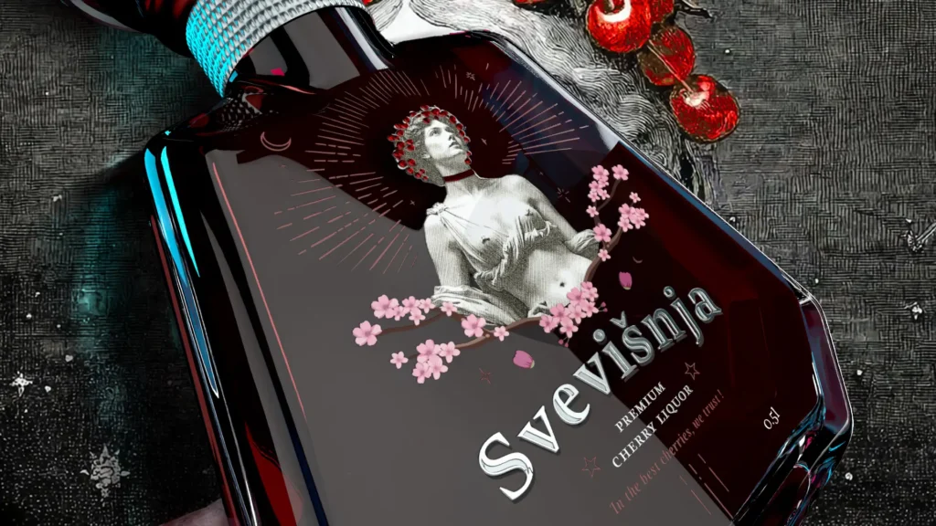 Svevisnja Premium Cherry Liquor bottle with classical figure and cherry blossom label