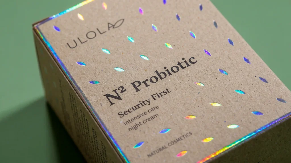 Ulola N2 Probiotic Security First intensive care night cream kraft box with holographic foil accents