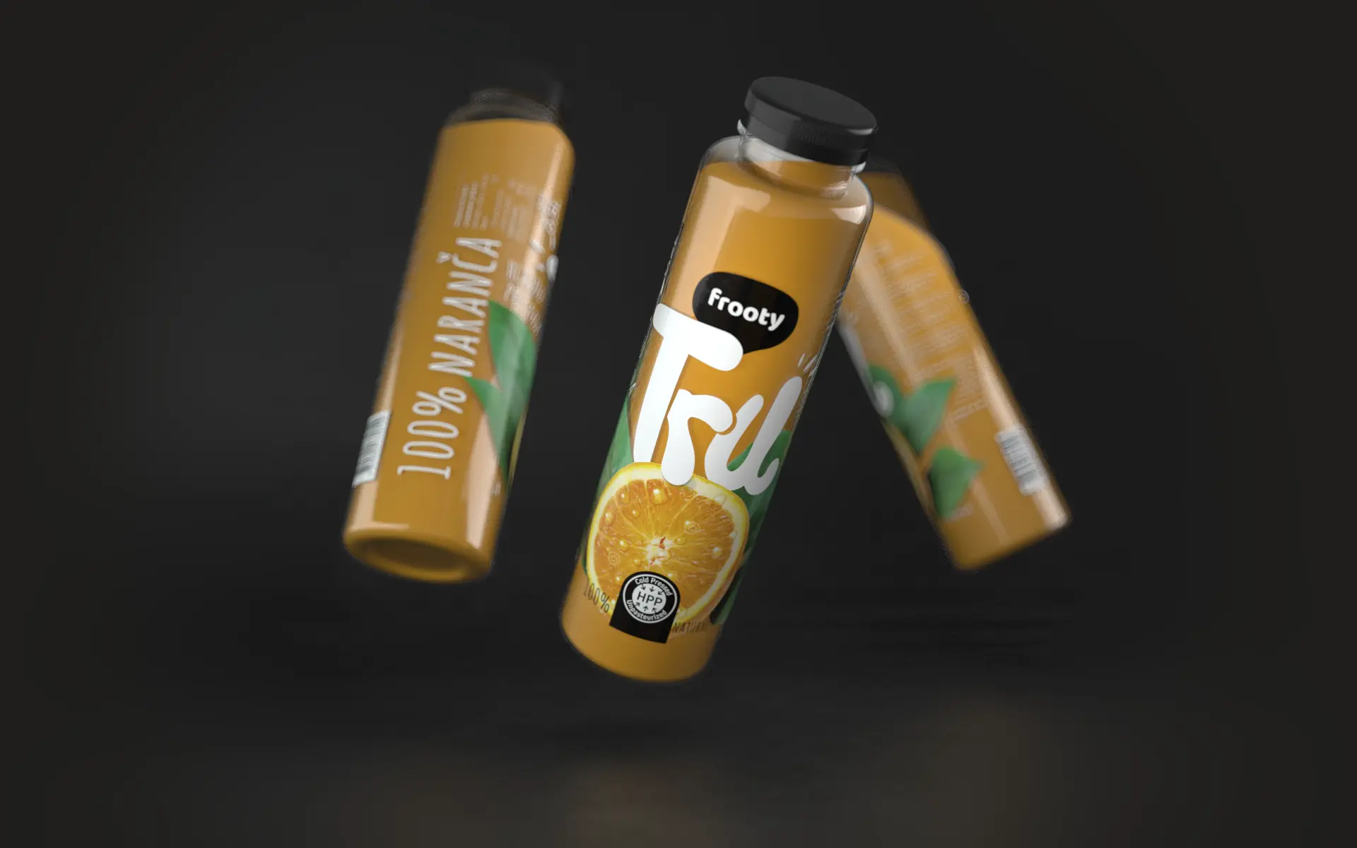 Frooty Tru 100% orange juice bottles floating on dark background HPP cold pressed