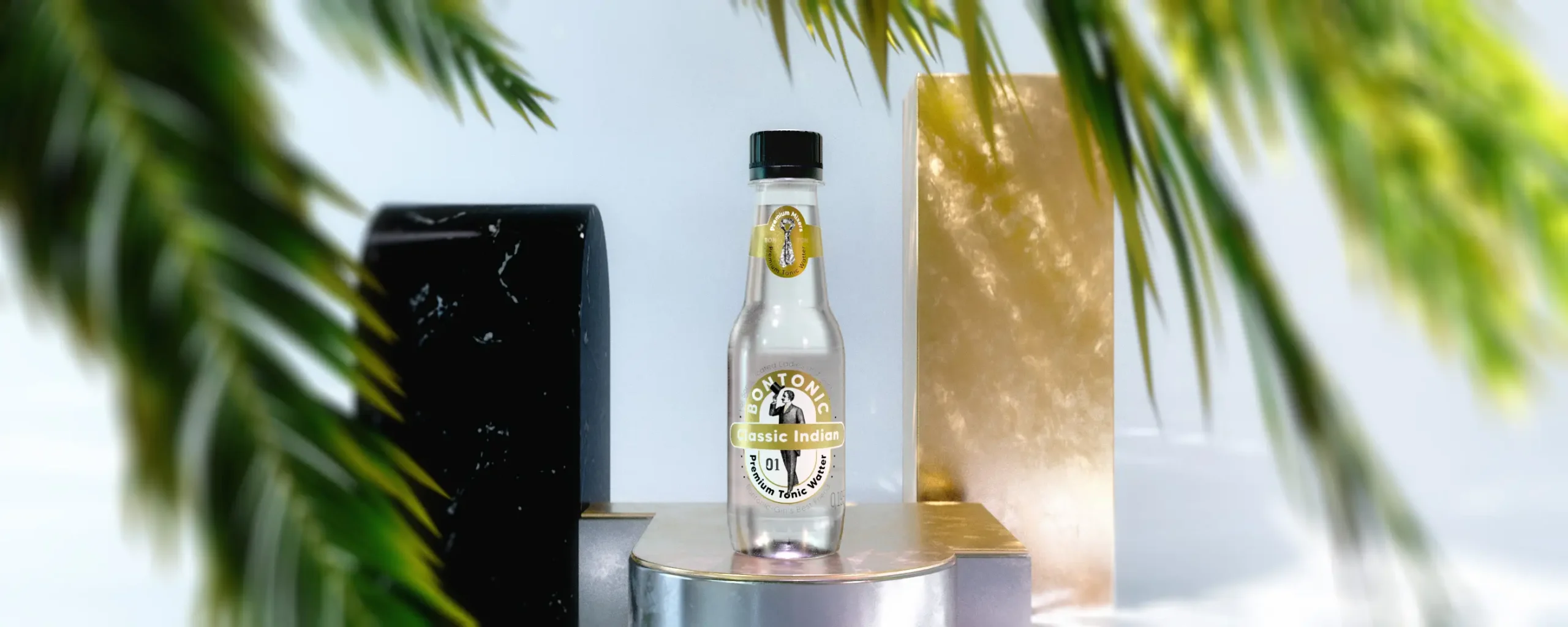 Bontonic Classic Indian Premium Tonic Water bottle displayed on silver pedestal with tropical leaves