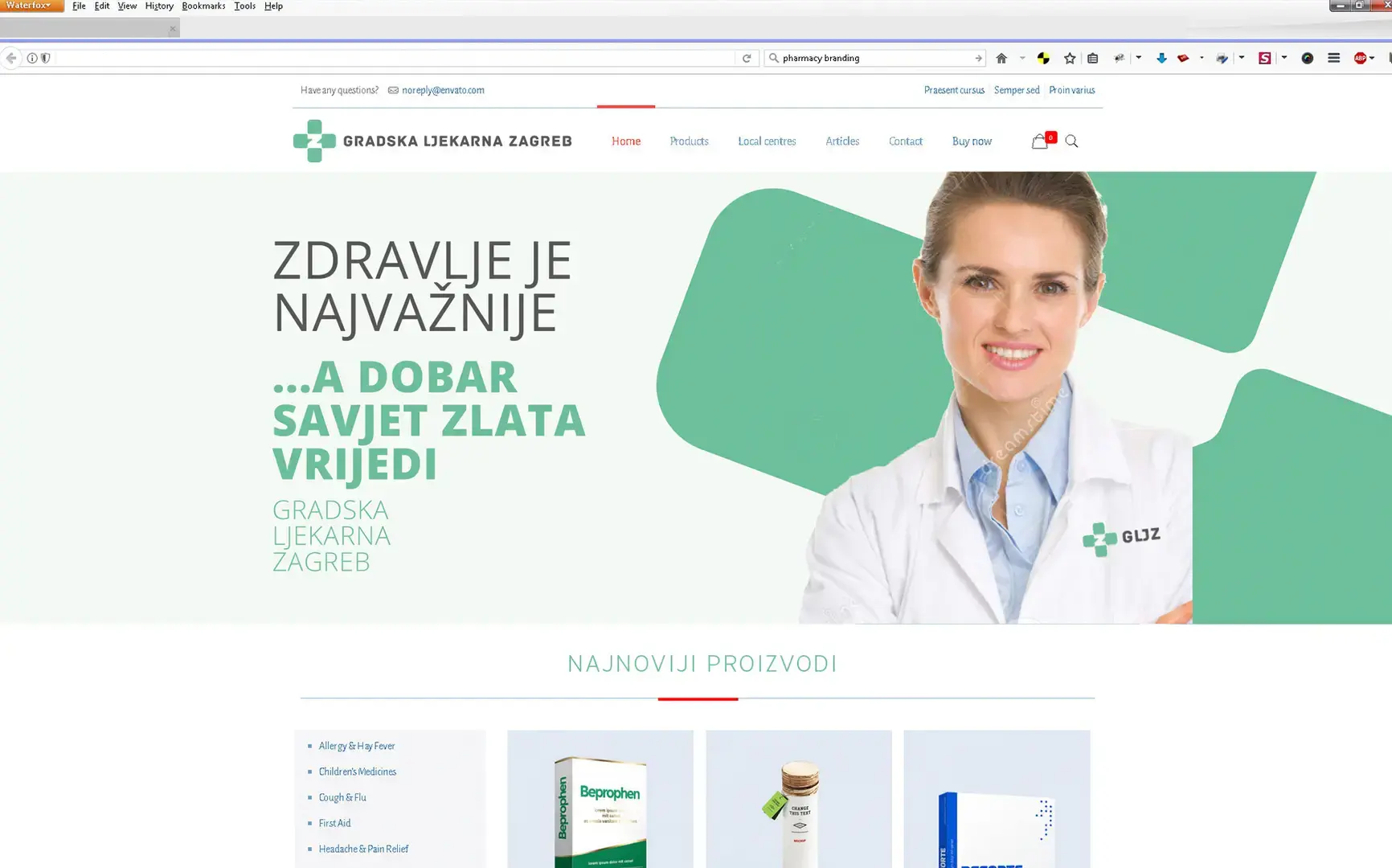 Gradska Ljekarna Zagreb pharmacy website homepage featuring smiling female pharmacist in white coat