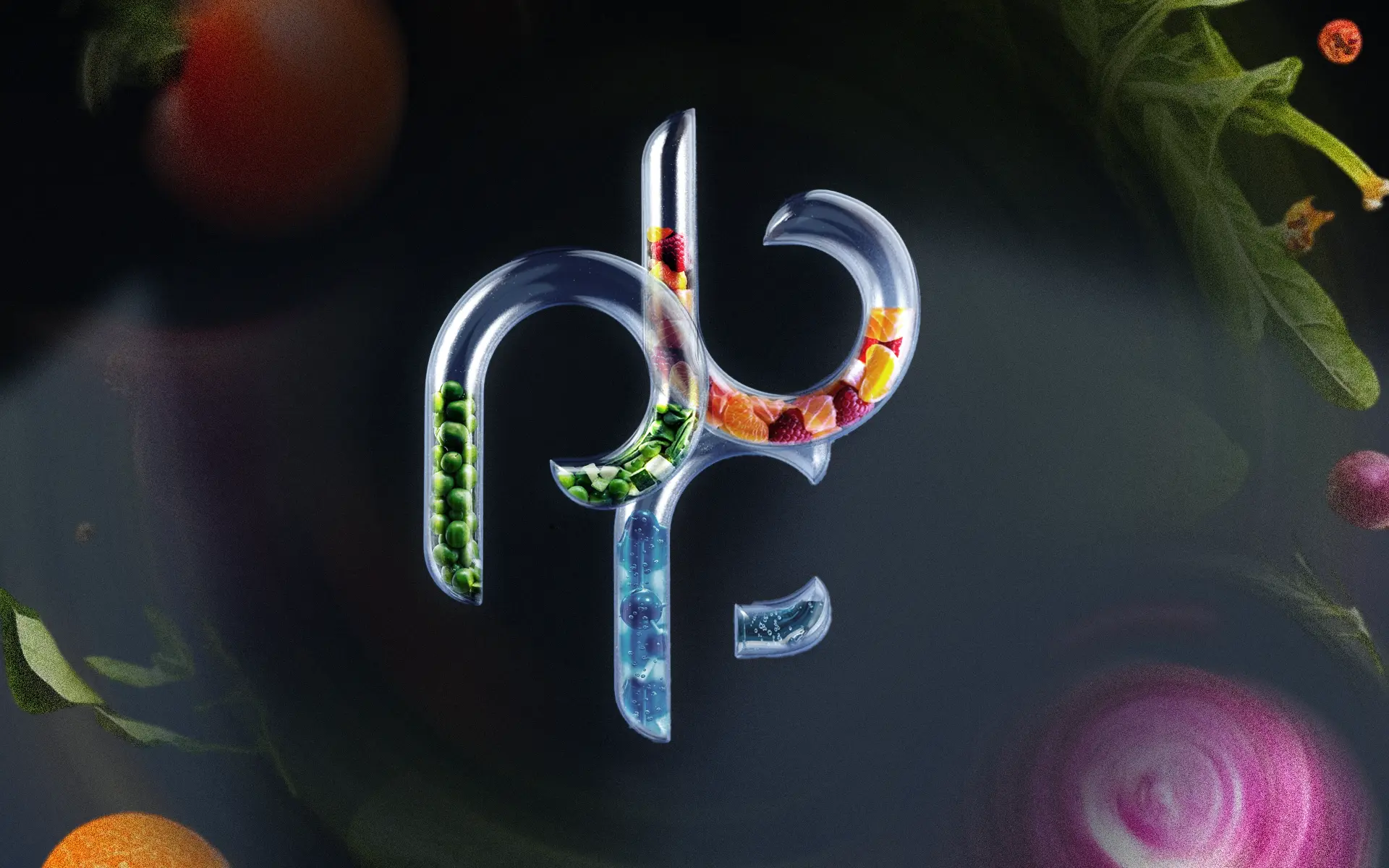 Glass logo filled with colorful fruits vegetables and blueberries on dark background