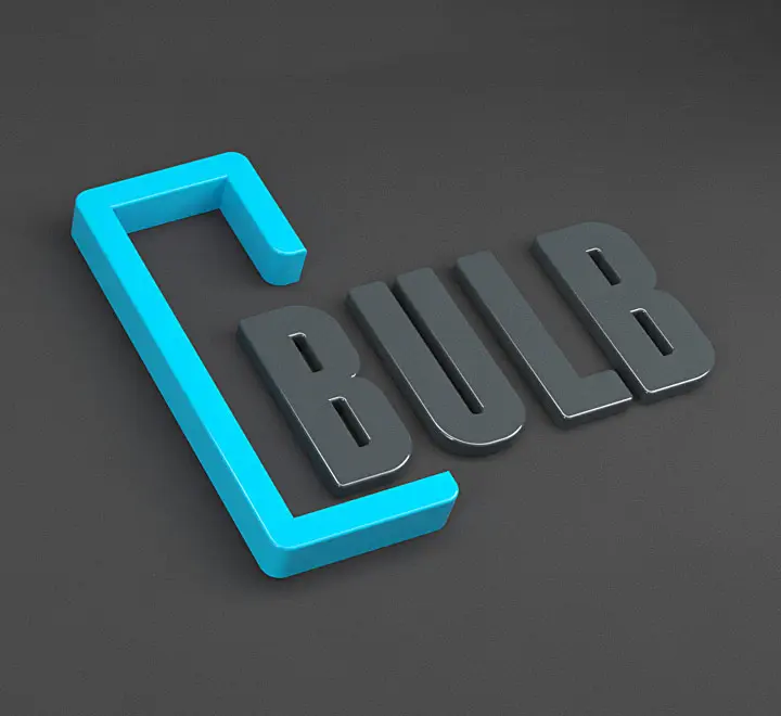 3D logo design with cyan bracket and dark gray BULB text on gray background