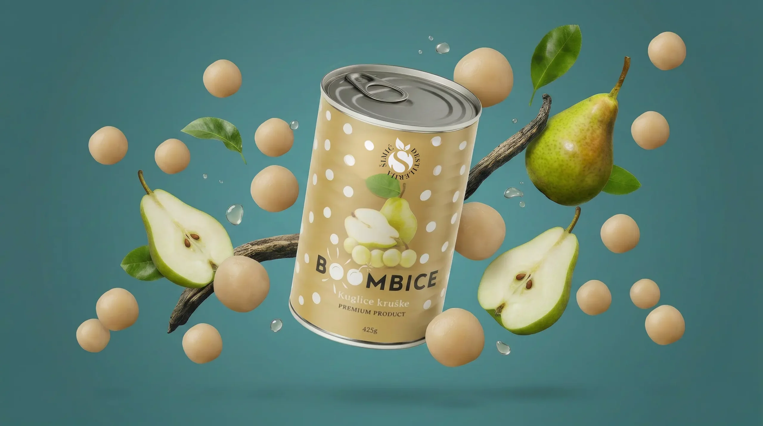 Bombice premium pear balls canned product with fresh pears and vanilla beans floating
