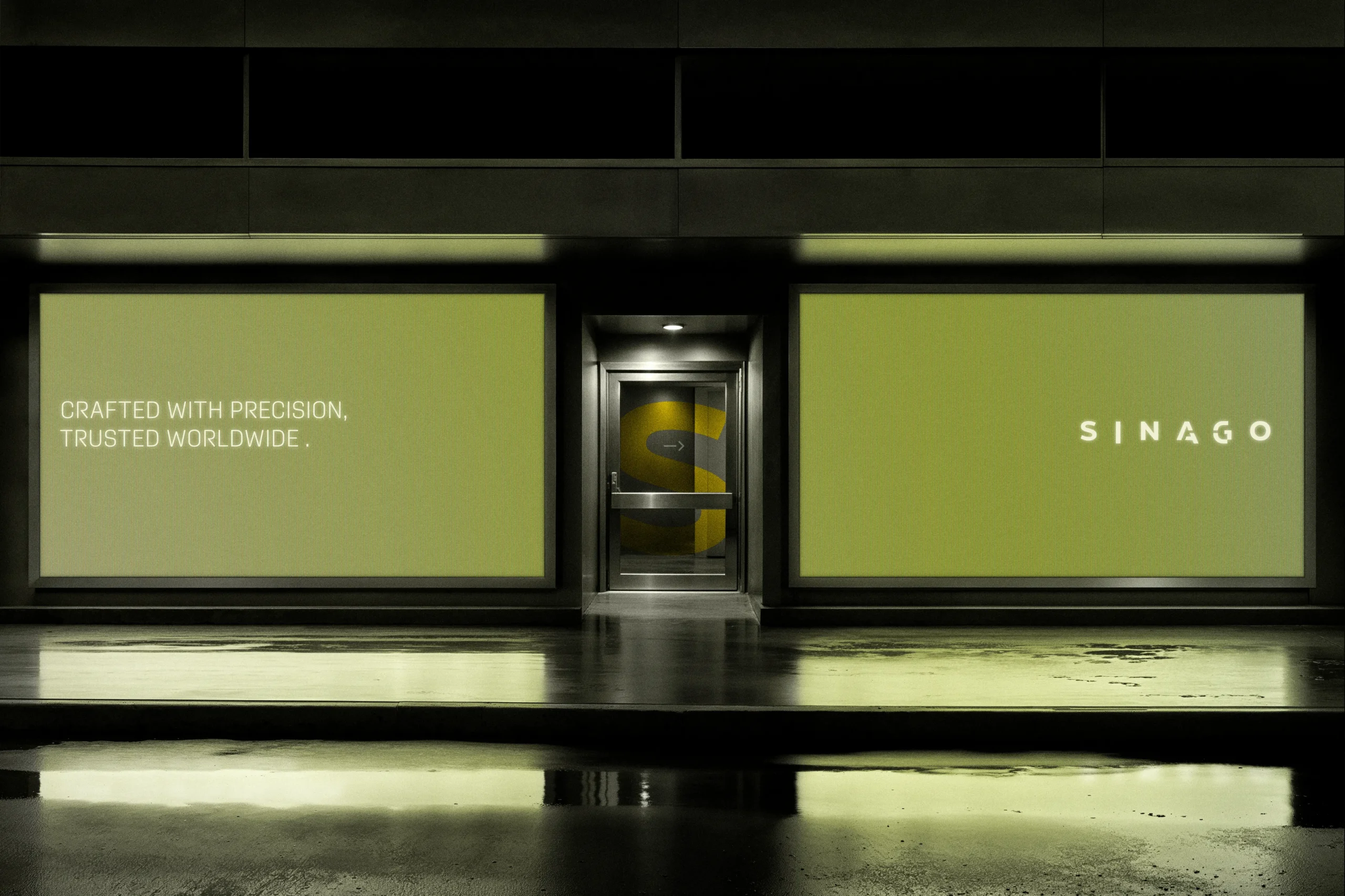 Sinago brand storefront with illuminated green panels and "Crafted With Precision, Trusted Worldwide" tagline