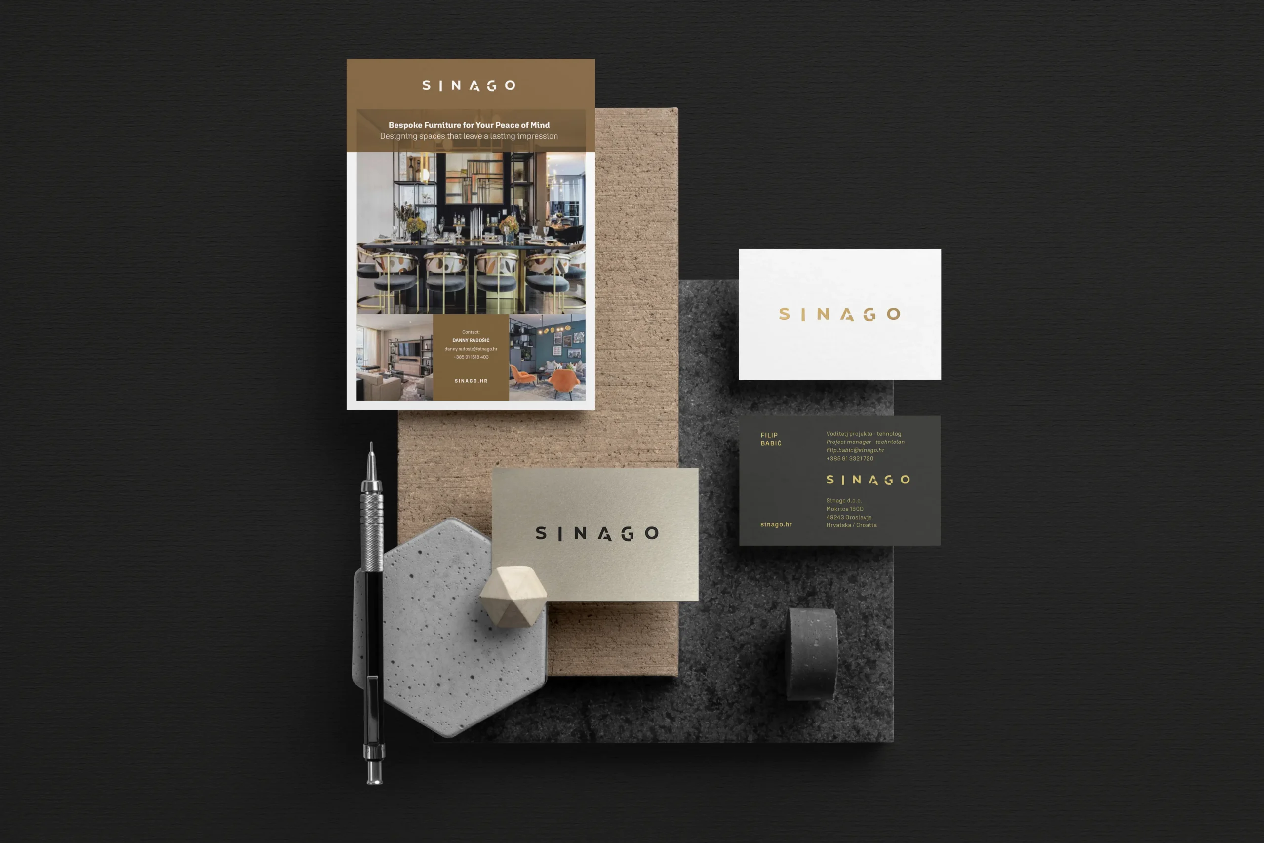 Sinago bespoke furniture brand identity mockup with business cards, flyer, and materials