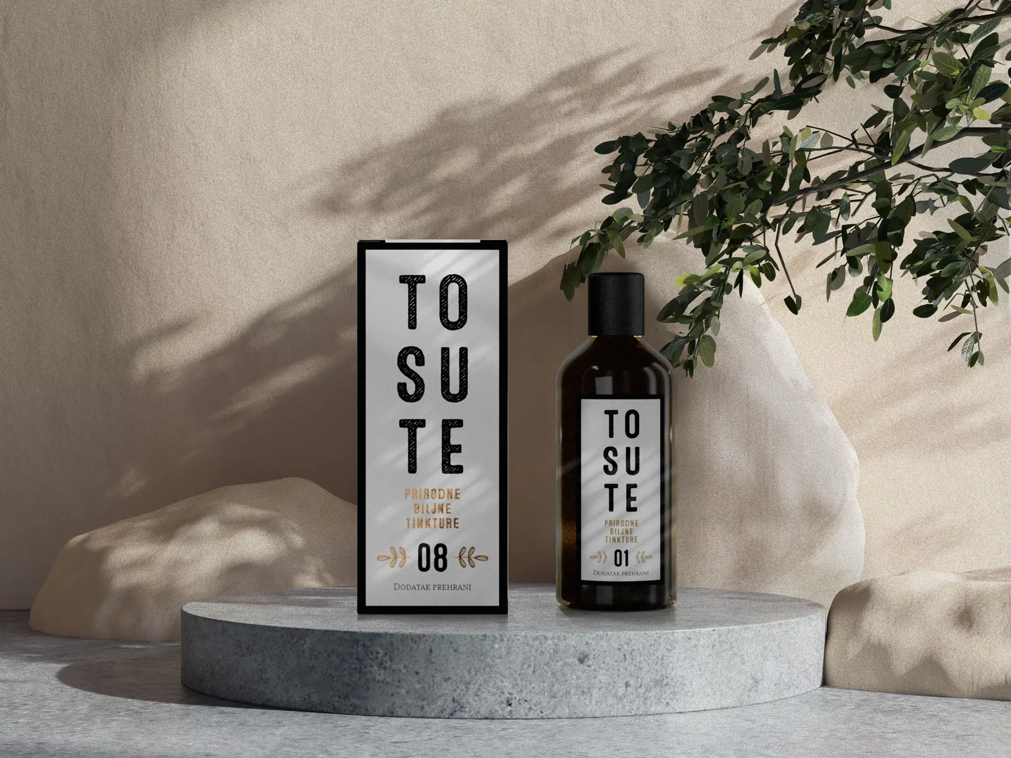 To Su Te natural herbal tincture bottle and box on stone pedestal