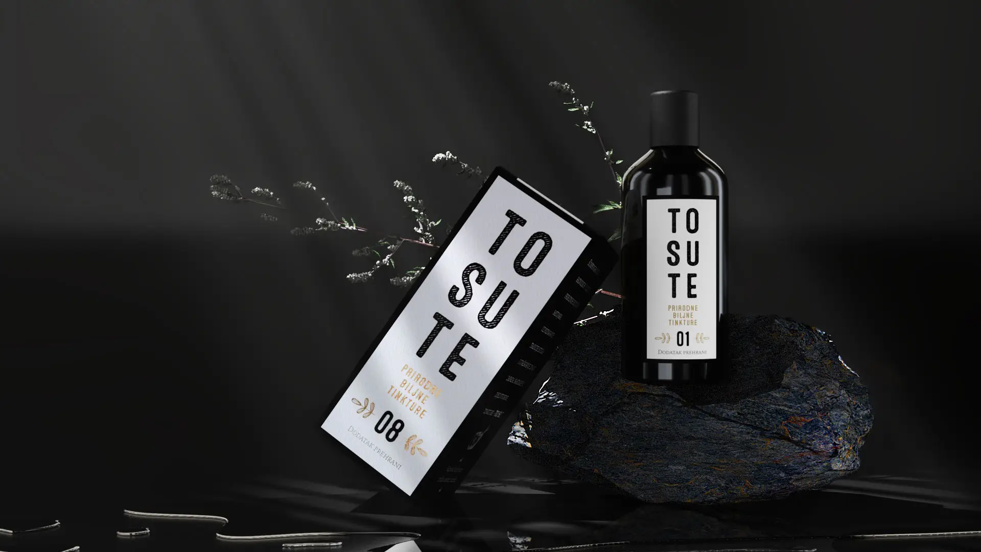 TO SUTE natural herbal tinctures product bottle and packaging on dark stone