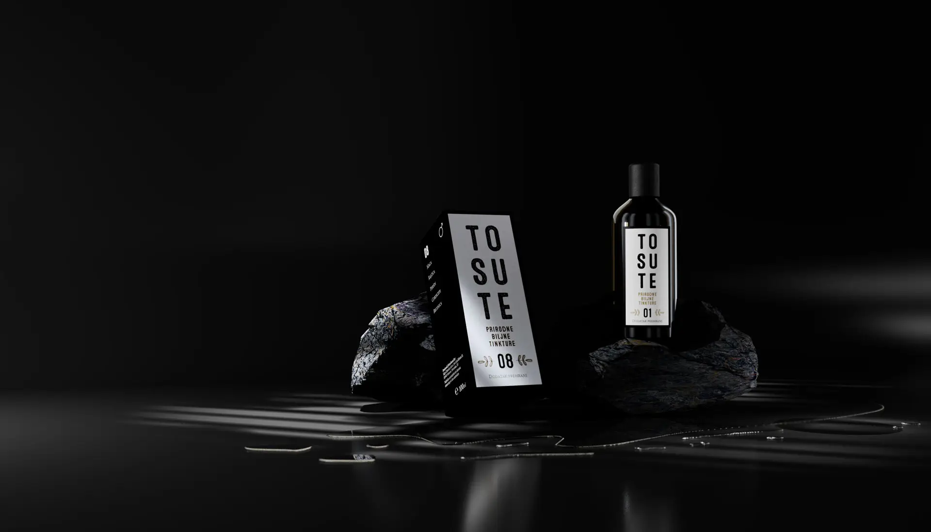 TO SUTE prirodne biljne tinkture herbal tincture bottle and box packaging on dark rocks