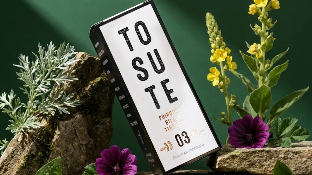 To Su Te natural herbal tincture box 03 displayed among rocks and wildflowers